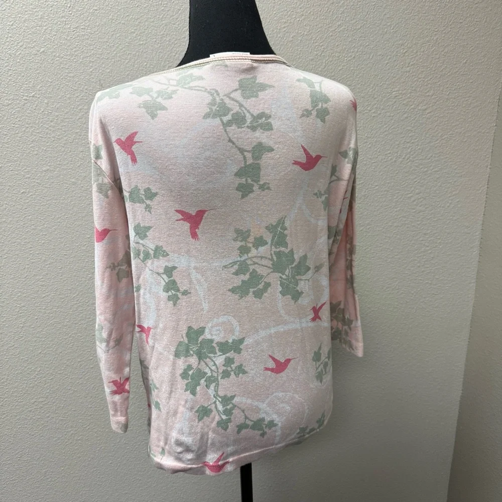Cactus Bay Hummingbird Floral Tee Pink Rhinestone Birds 3/4 Sleeve Top L - Picture 5 of 9